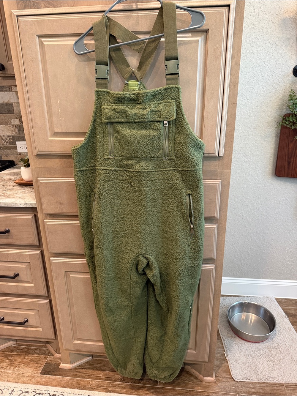 Women's Olive Green Fleece Bib Jumpsuit with Adjustable Straps